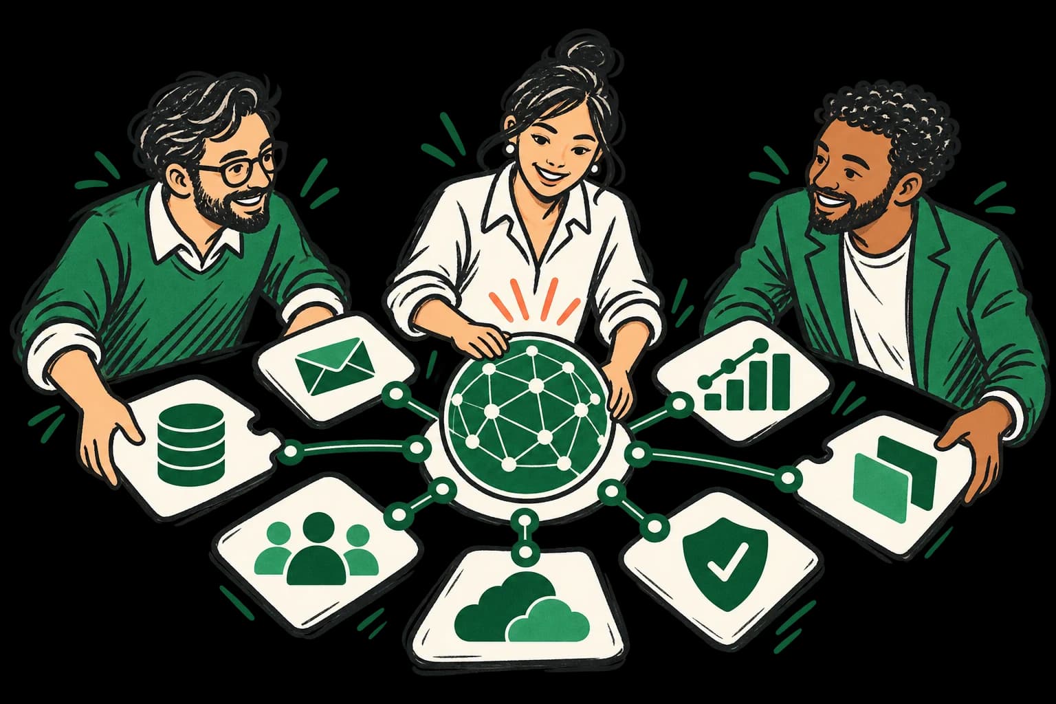 A collaborative team fitting an AI decision layer into connected data, applications, cloud infrastructure, analytics, people and security controls